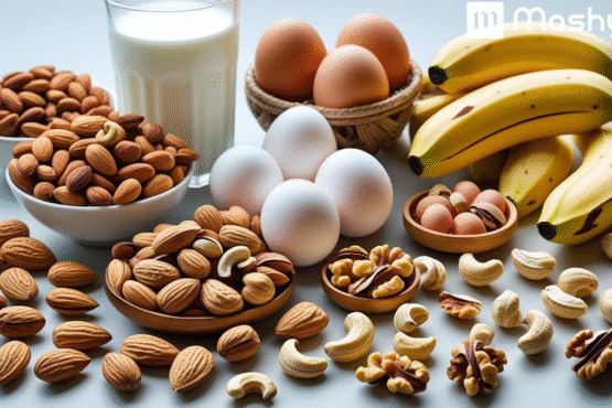Healthy foods for weight gain include nuts, milk, eggs, and bananas